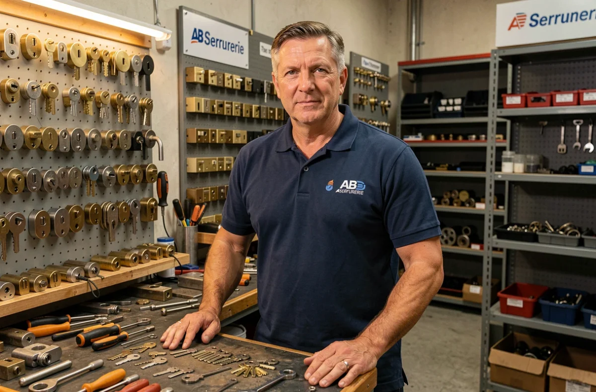 Technicien d'AB Serrurerie dans son atelier avec des outils et des serrures professionnels