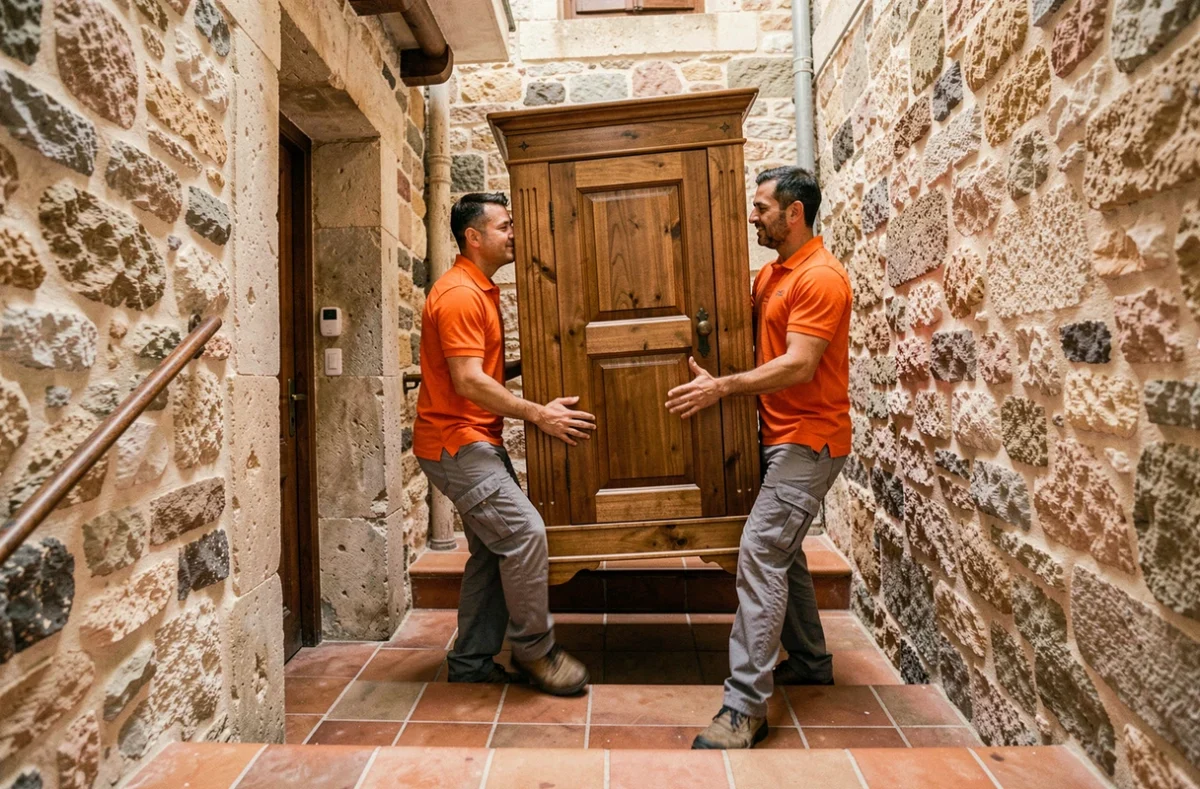 Deux déménageurs d'ABD Déménagement portant une armoire en bois dans l'escalier étroit d'une maison de ville à Nîmes