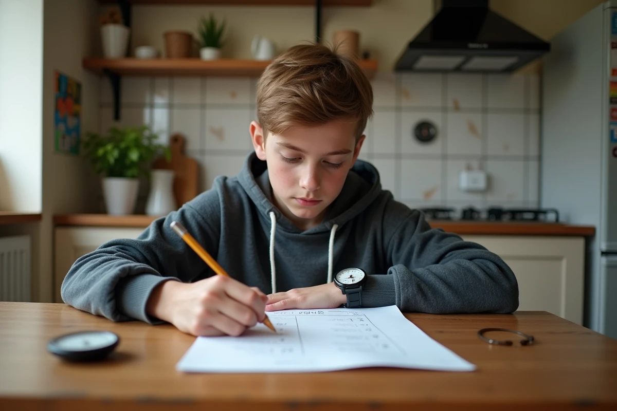 Adolescent concentré sur un devoir de maths à la maison