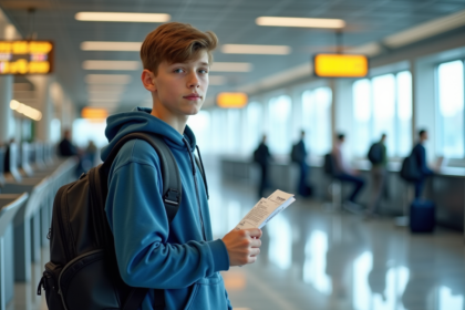 Jeune garçon avec sac à l'aéroport en réflexion