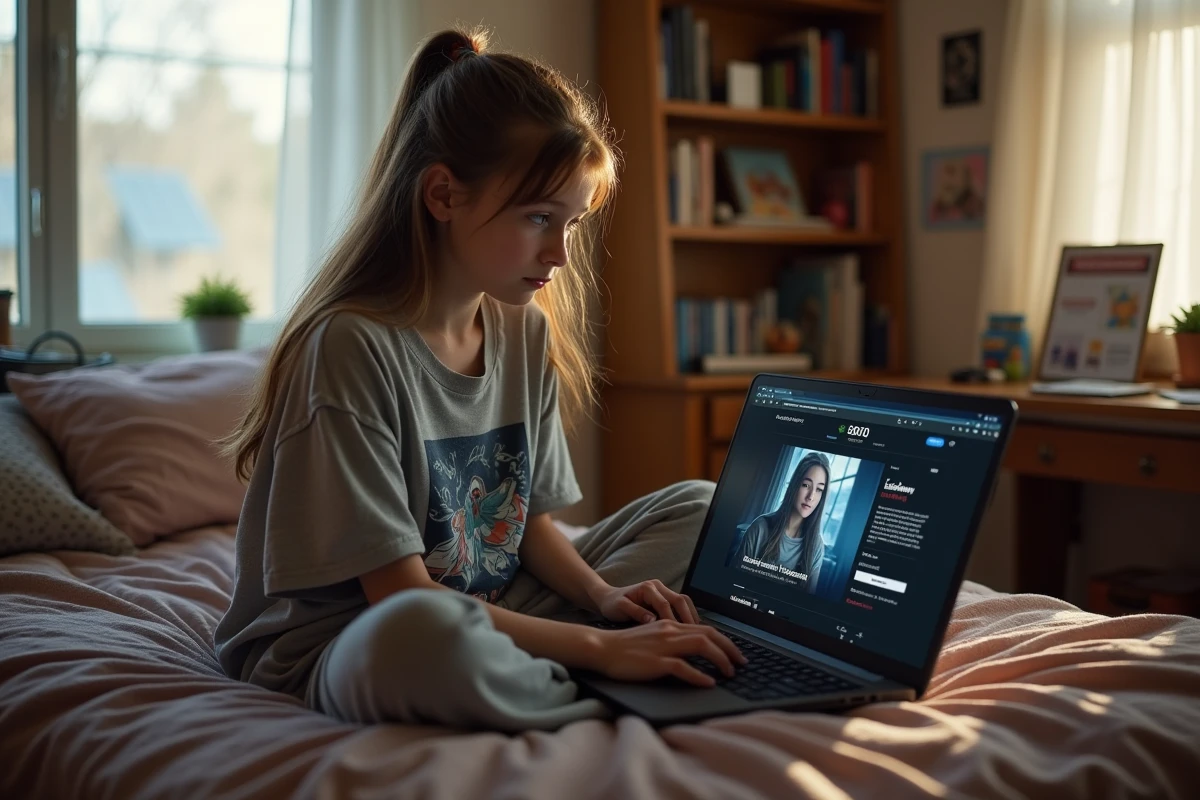 Adolescente découvrant League of Legends sur son ordinateur portable dans sa chambre