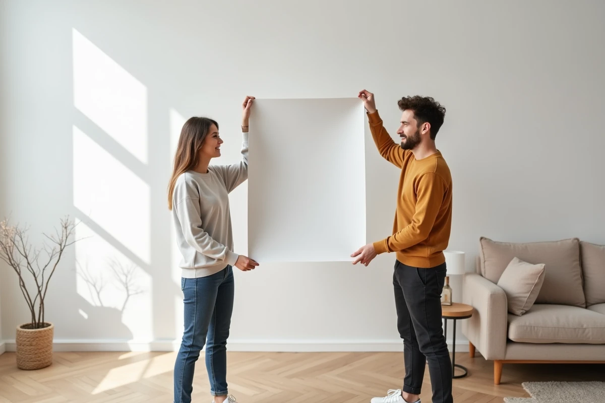 Couple accrochant une grande affiche imprimée sur le mur d'un salon moderne