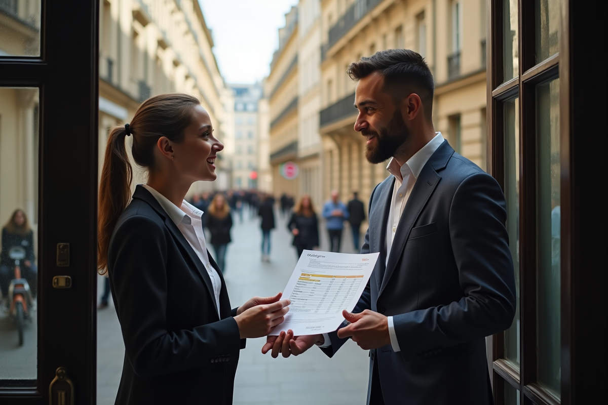 Agent immobilier remettant un rapport de valuation à un propriétaire parisien