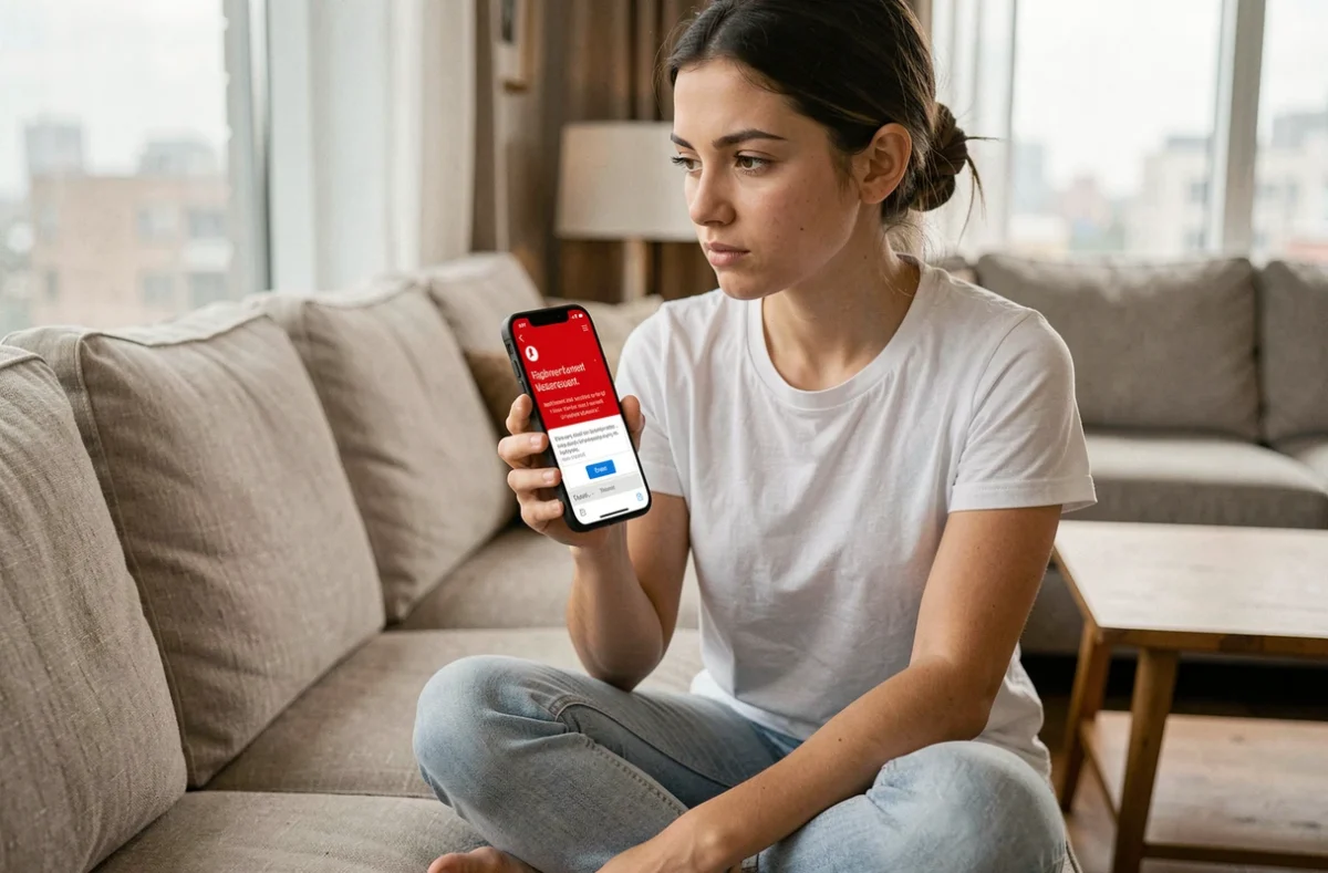Jeune femme recevant une alerte de site frauduleux sur son smartphone depuis son salon
