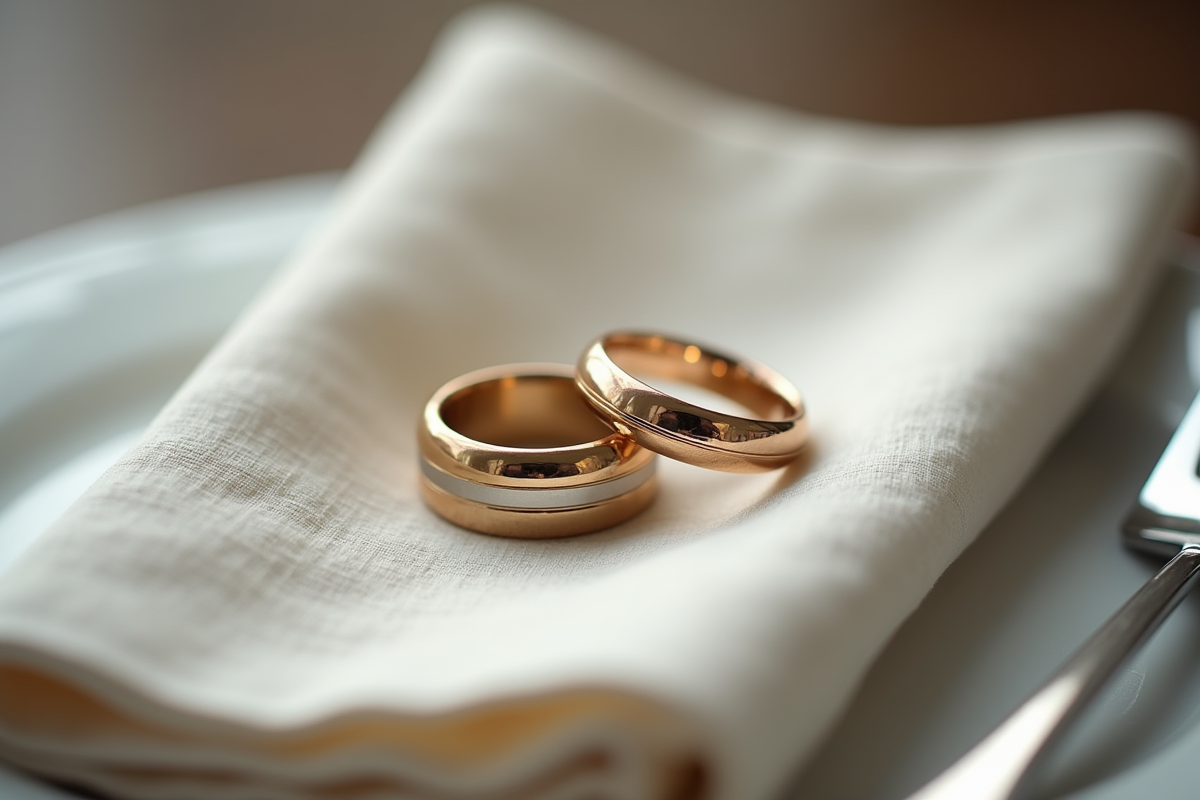 Alliances de mariage sur une serviette en lin en gros plan