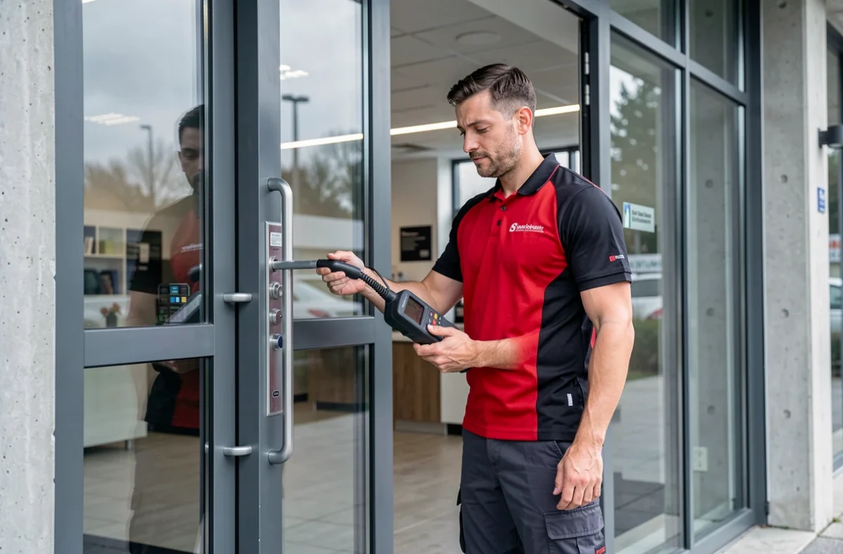 Technicien d'Alpha 45 évaluant un système de verrouillage multipoint sur la porte d'entrée d'un bâtiment commercial dans le Loiret