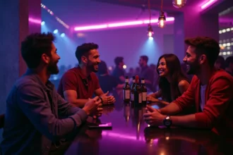 Groupe de jeunes adultes en train de discuter et rire au bar d'un club nocturne moderne avec décor béton et néons violets