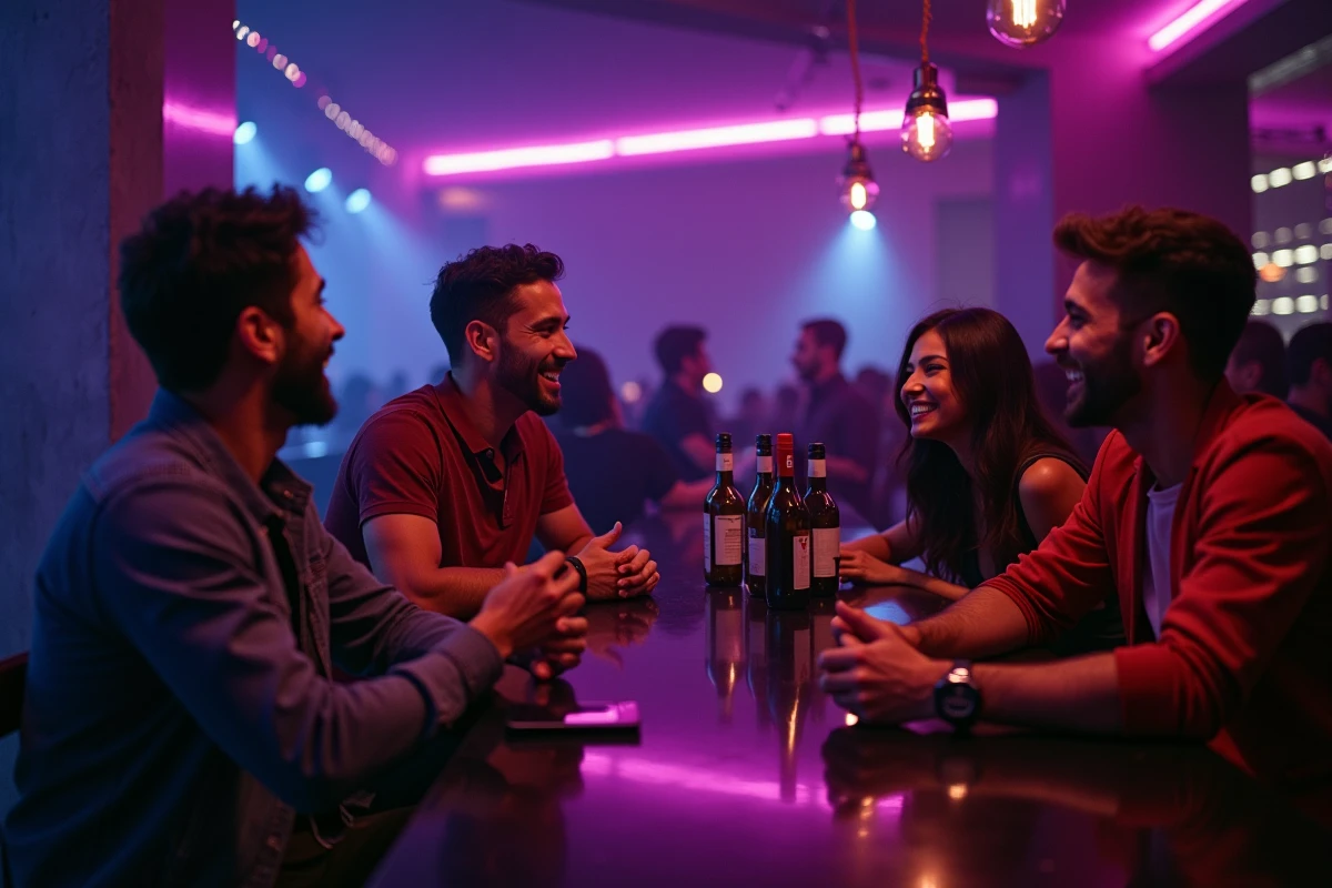 Groupe de jeunes adultes en train de discuter et rire au bar d'un club nocturne moderne avec décor béton et néons violets