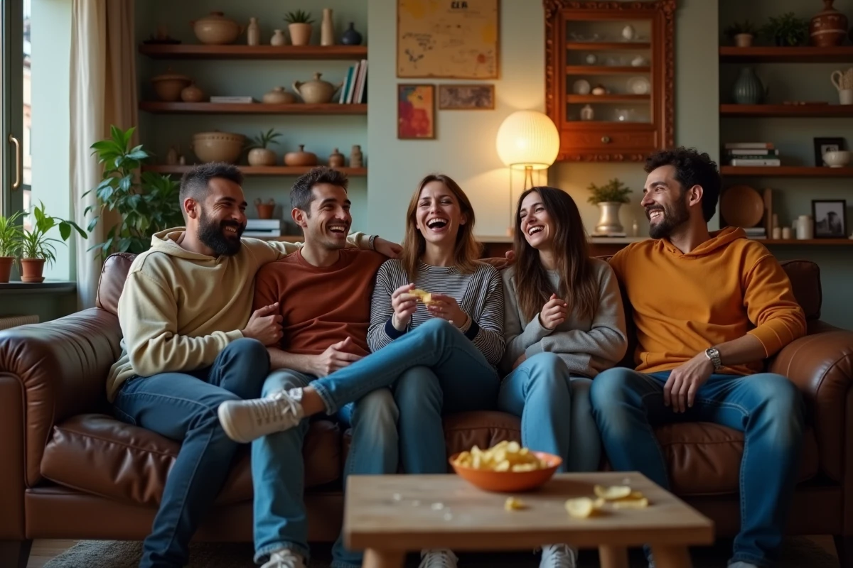 Groupe d'amis espagnols hilares regardant une série comique ensemble dans un appartement de Barcelone