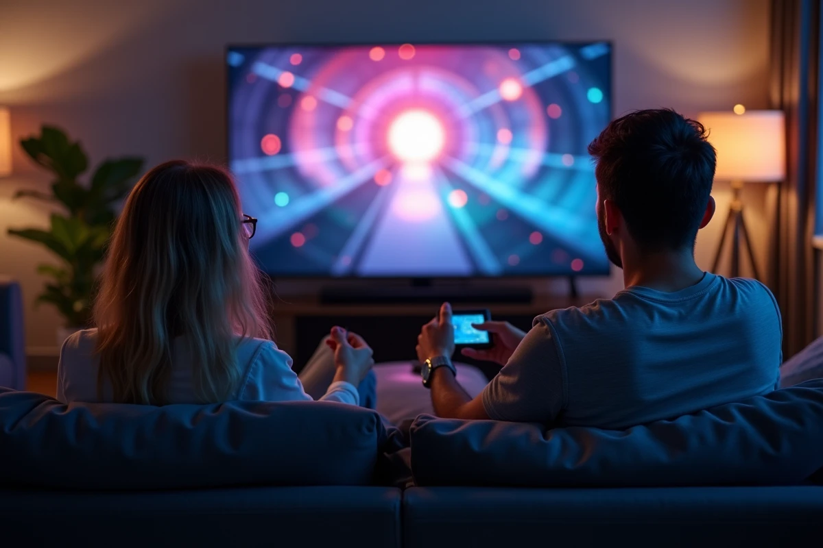 Deux amis regardant un guide de visionnage du multivers Spider-Man sur leur télévision dans un salon moderne