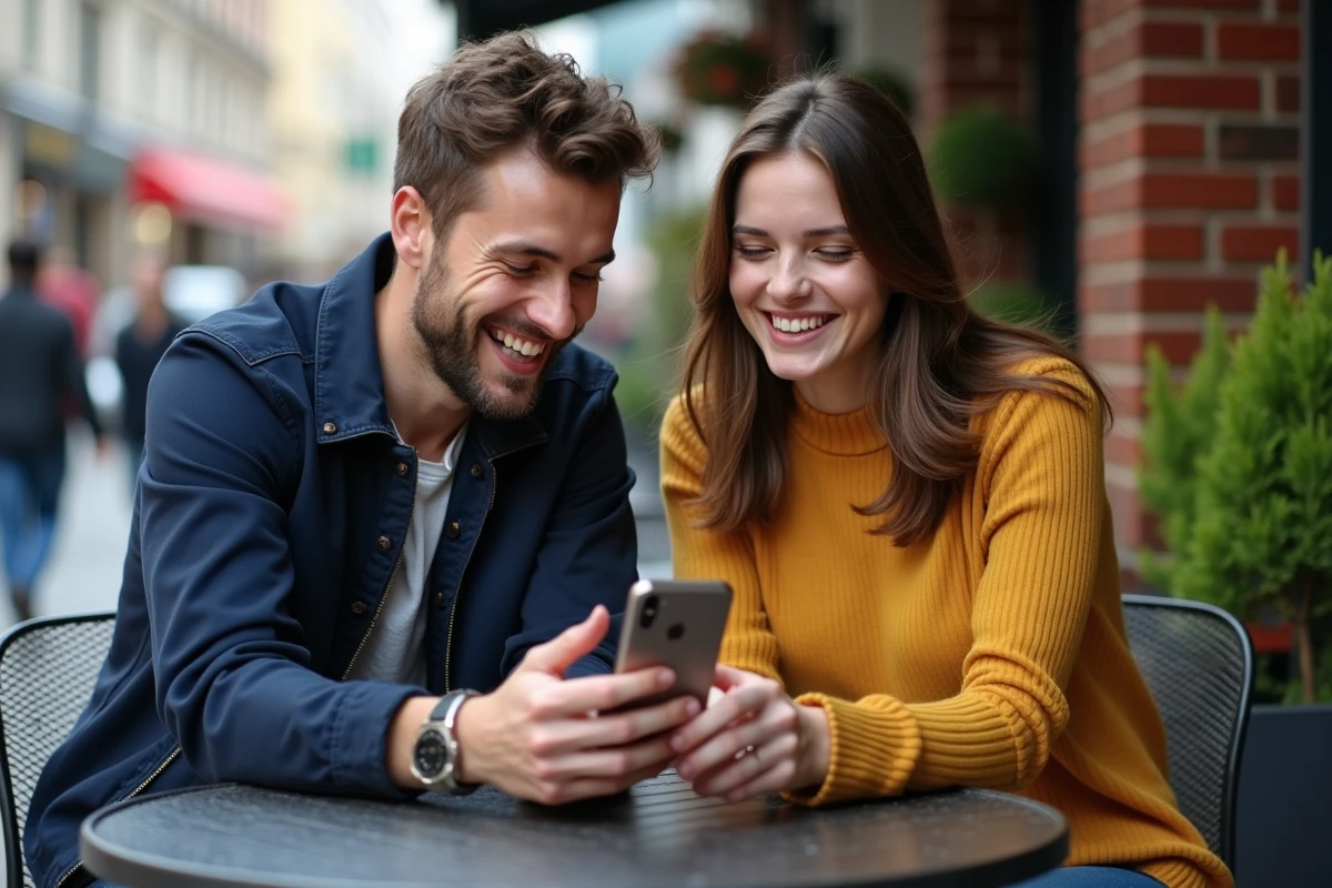 Deux amis riant ensemble en regardant un message d'anniversaire tardif sur un smartphone en terrasse de café