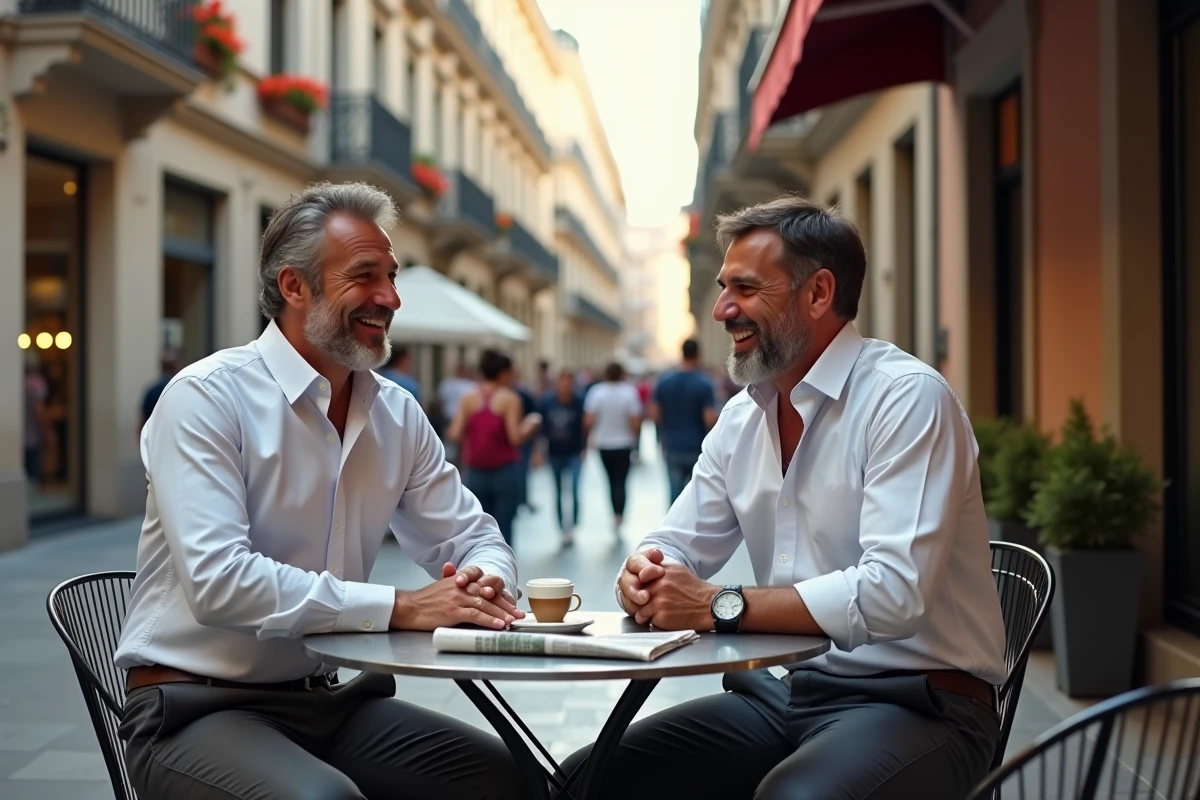 Deux amis espagnols discutant d'une série comique en terrasse de café à Madrid