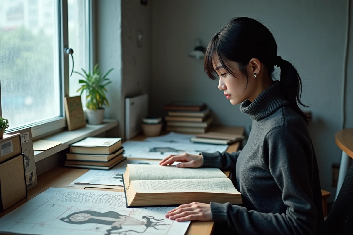 Jeune femme analysant les lores des Titans Primordiaux dans des volumes manga et documents de recherche