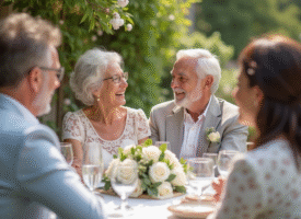 Couple mature célébrant 45 ans de mariage en extérieur