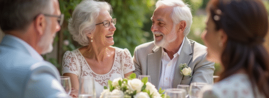 Couple mature célébrant 45 ans de mariage en extérieur
