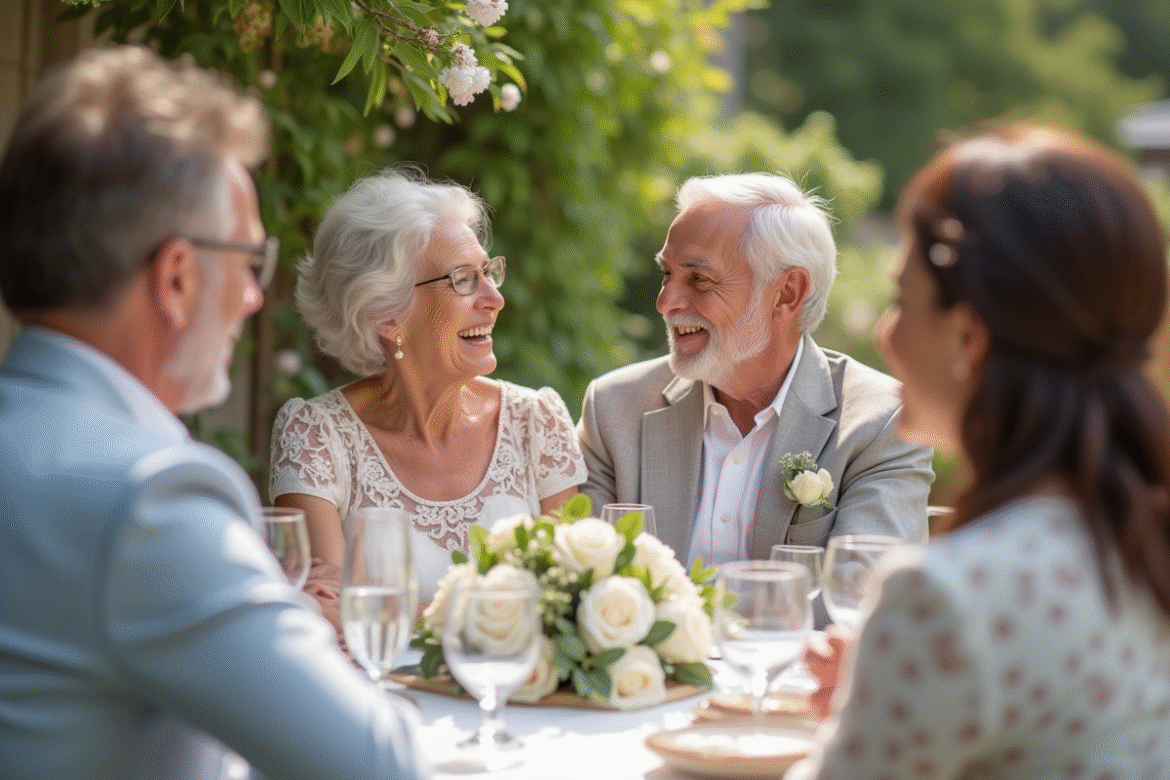 Couple mature célébrant 45 ans de mariage en extérieur