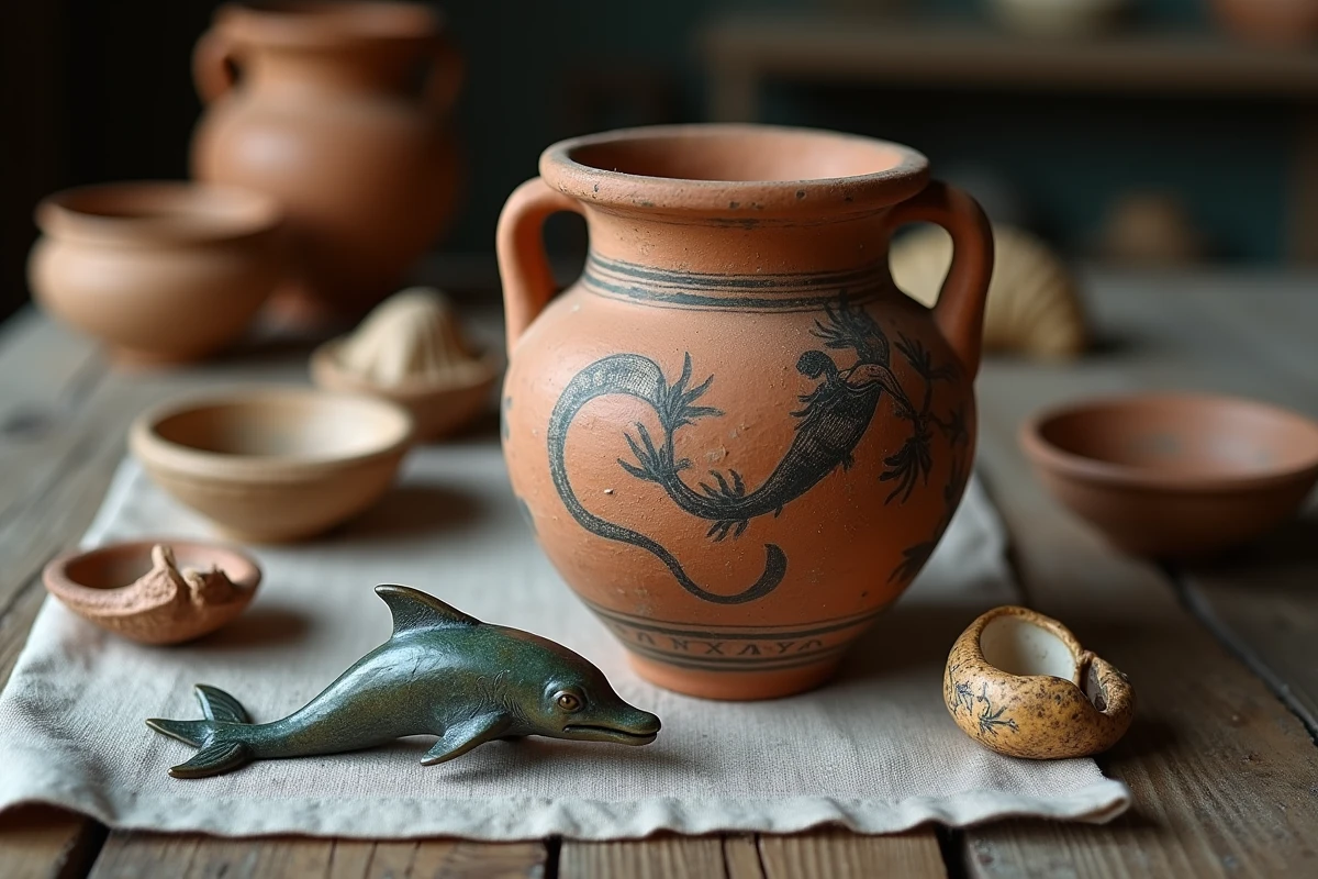 Artefacts grecs anciens liés à Poséidon dont une amphore peinte, un dauphin en bronze et un triton en céramique sur une table de conservation muséale