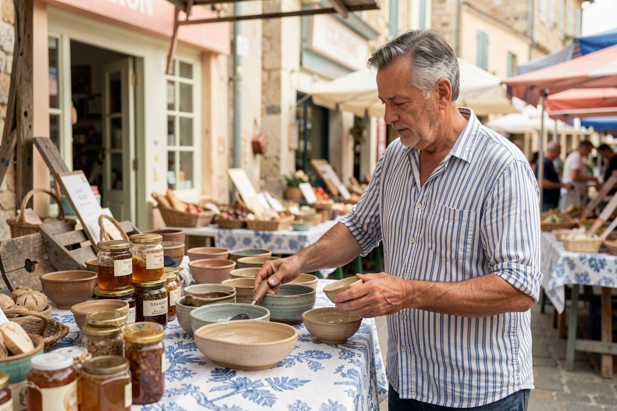 Artisan présentant céramiques et miel local sur un étal du marché du Barcarès, ambiance provençale authentique