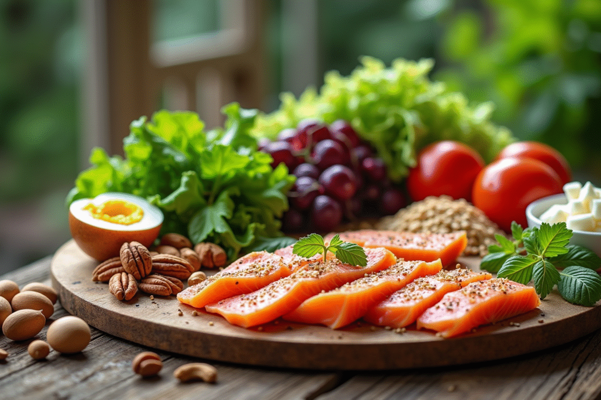 Assortiment de aliments riches en vitamine B sur une table en bois