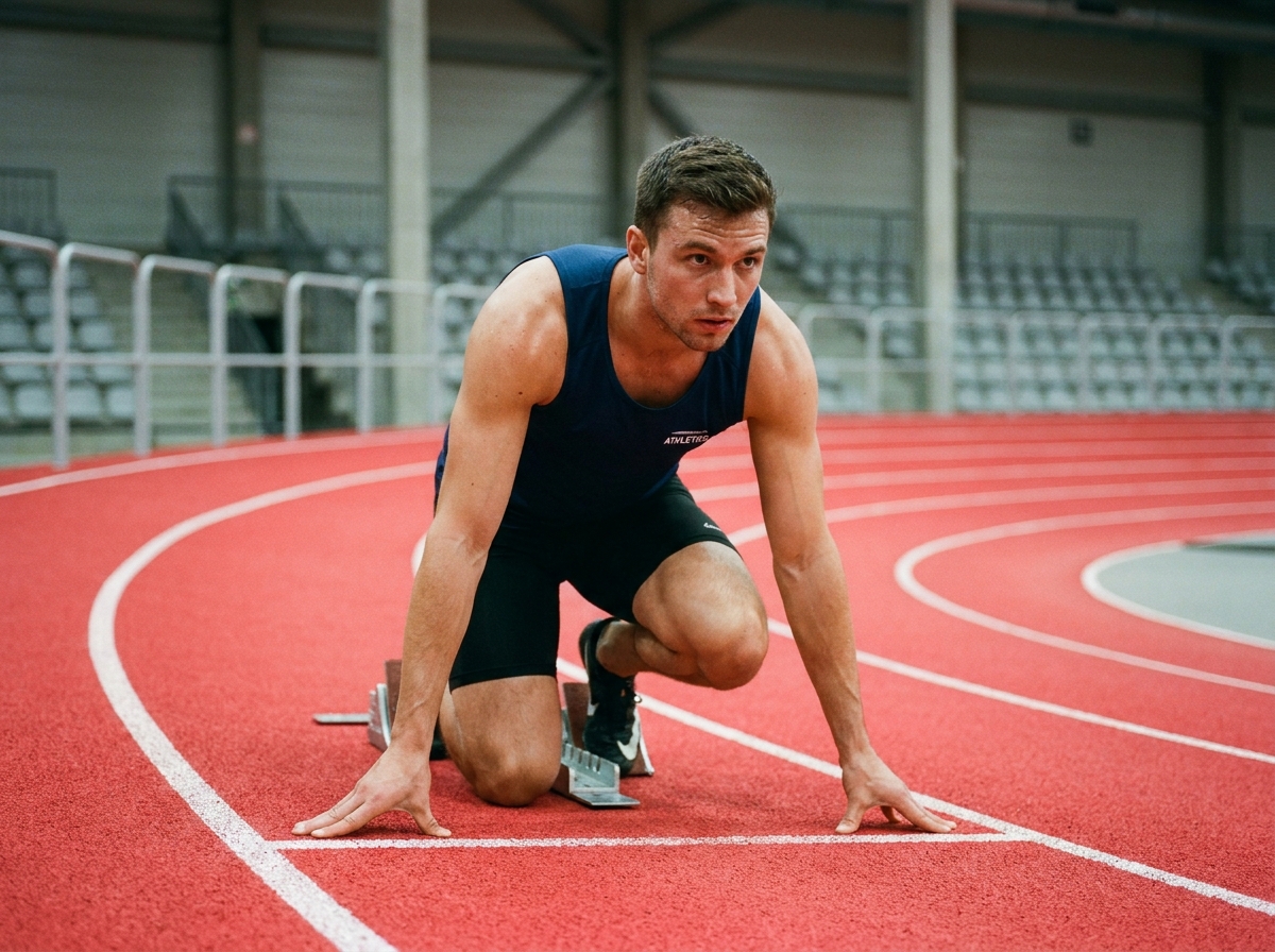 Athlète masculin en position de départ sur une piste d'athlétisme en salle, regard concentré vers l'avant illustrant la vision comme facteur de performance