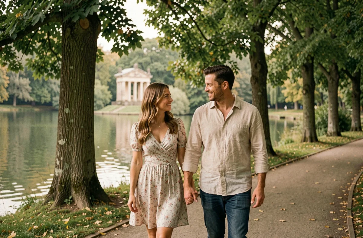 Couple se promenant main dans la main sur un chemin au bord du lac du bois de Vincennes avec le temple romantique de l'île de Reuilly en arrière-plan