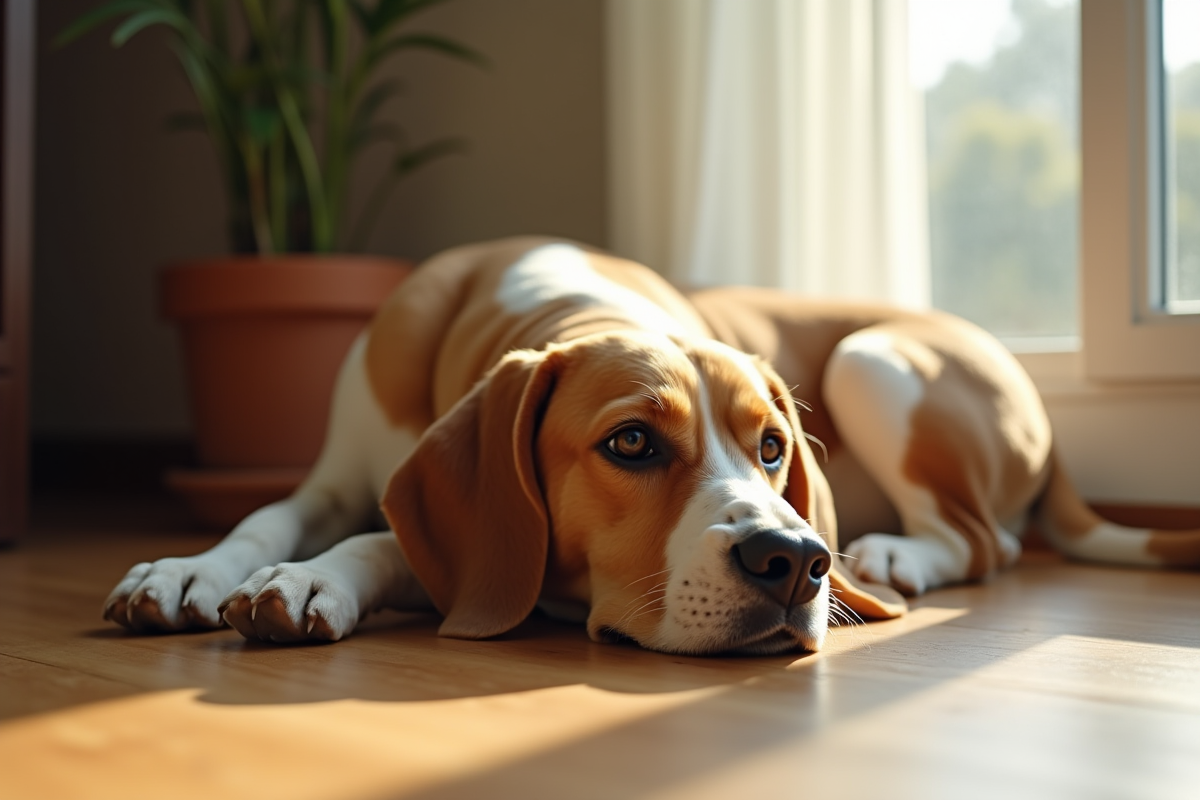 Chien beagle adulte repose en interieur sur un sol en bois