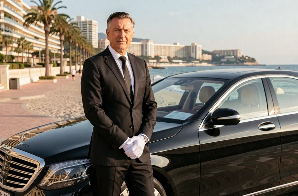 Chauffeur premium Blacklane en costume et gants blancs devant une Mercedes-S noire au Palais des Festivals de Cannes