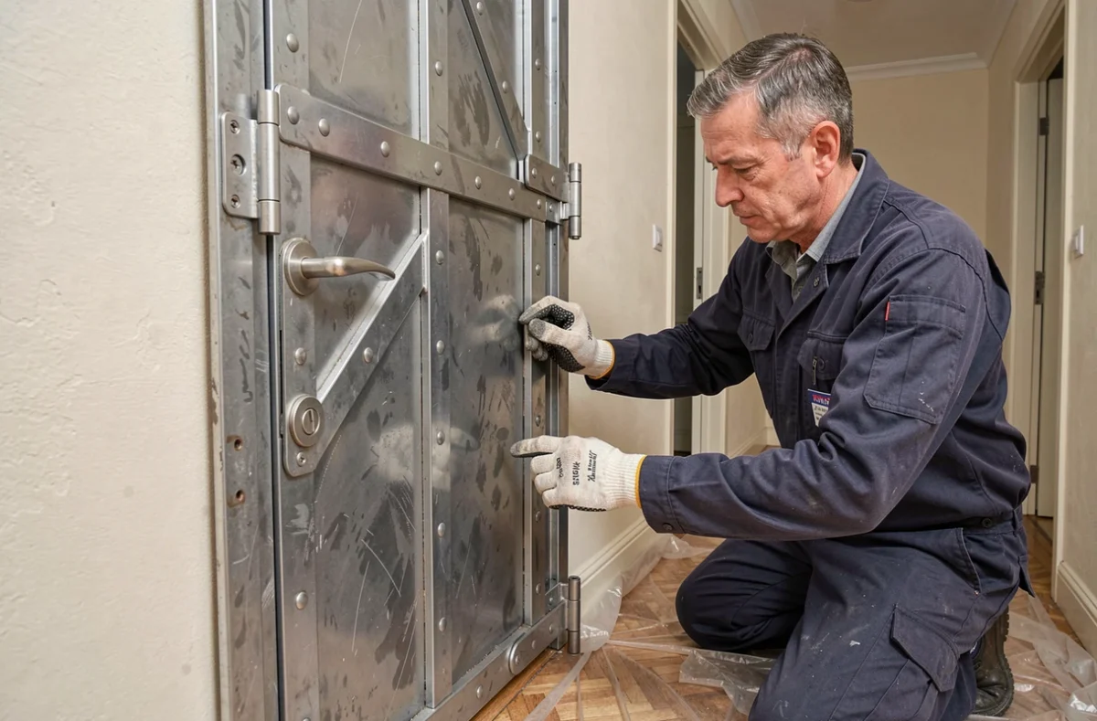 Technicien posant un bloc-porte blindé en acier dans un couloir d'appartement résidentiel