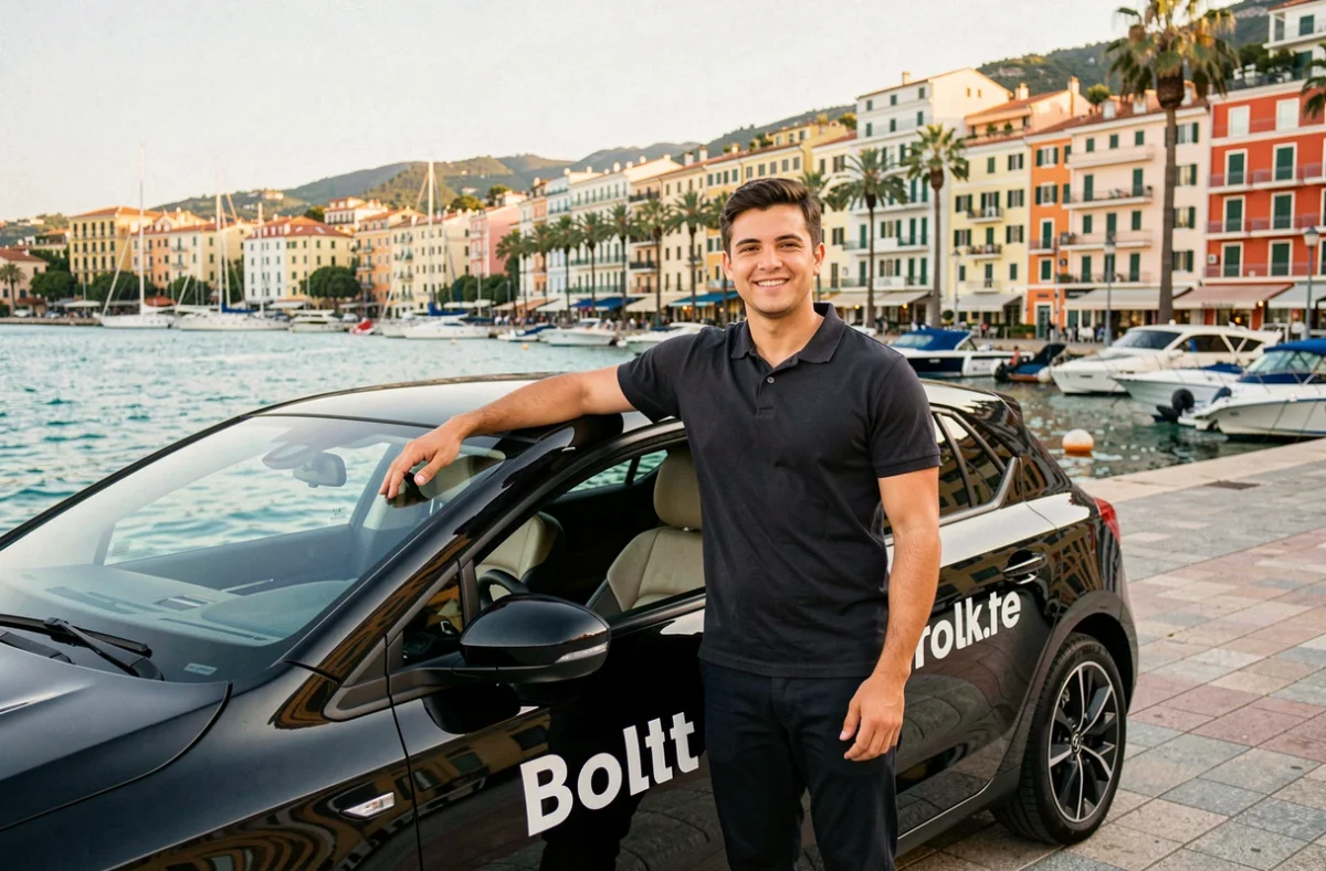 Chauffeur VTC Bolt souriant devant son véhicule noir sur le front de mer de Nice avec la Baie des Anges en arrière-plan