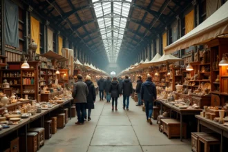 Brocante couverte en Moselle dans une grande halle industrielle avec exposants et visiteurs parcourant les stands d'objets vintage
