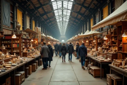 Brocante couverte en Moselle dans une grande halle industrielle avec exposants et visiteurs parcourant les stands d'objets vintage