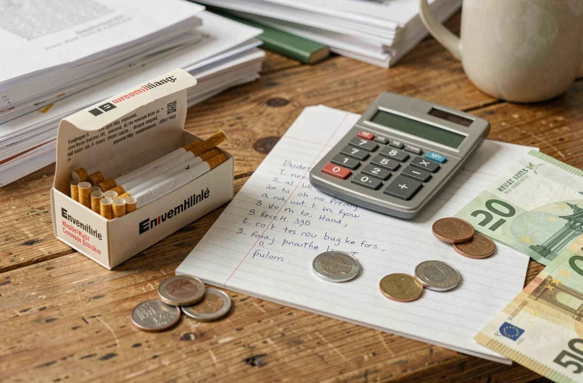Cartouche de cigarettes posée sur un bureau avec calculatrice et billets pour calculer le budget tabac