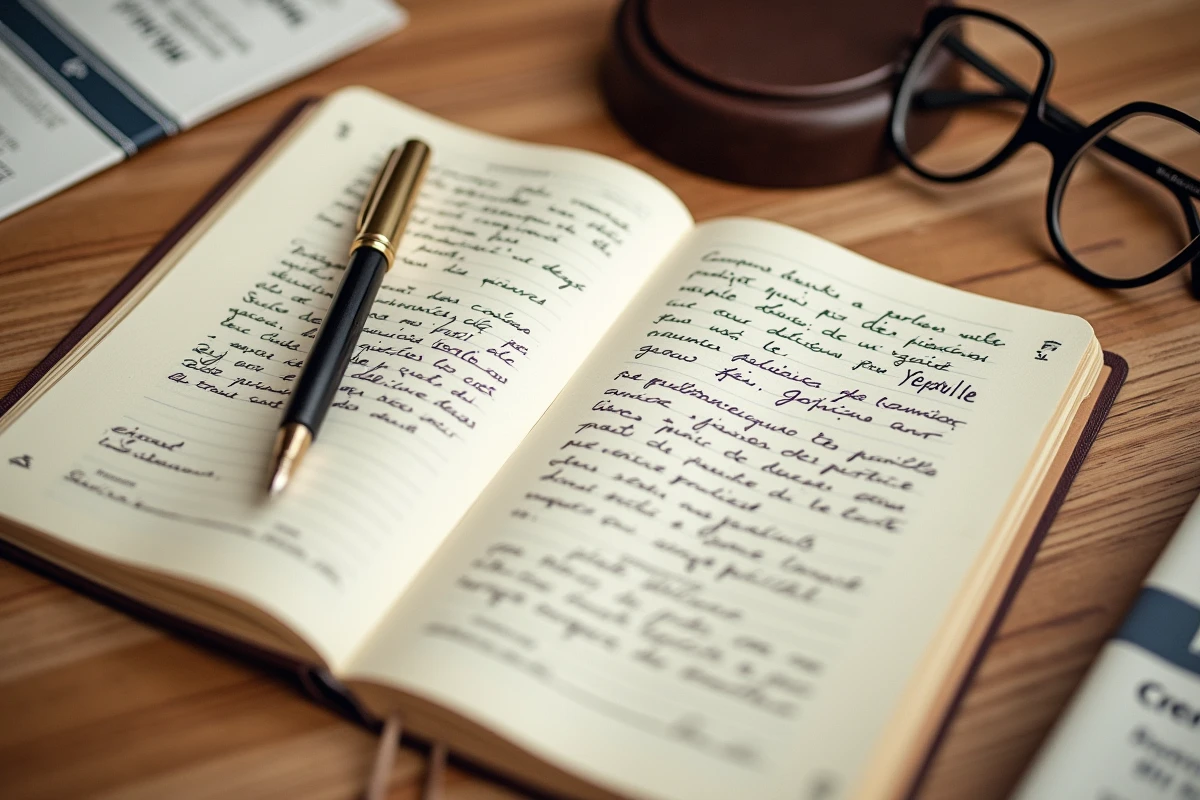 Vue en plongée d'un bureau de notaire avec documents juridiques, carnet de notes et brochure sur la consultation gratuite