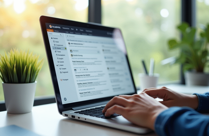 Espace de travail moderne avec un ordinateur affichant une boîte mail académique
