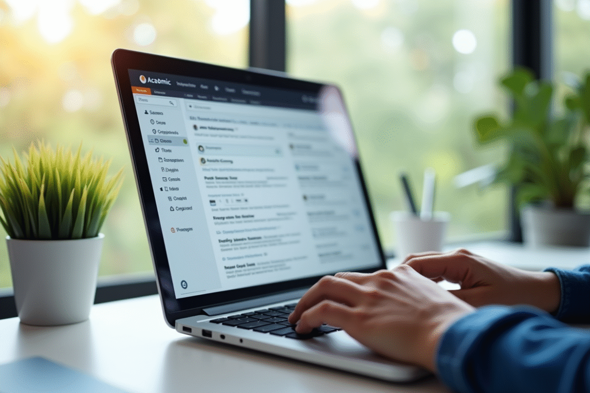 Espace de travail moderne avec un ordinateur affichant une boîte mail académique