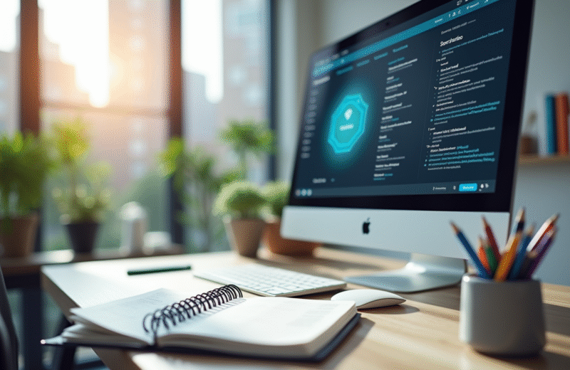 Espace de travail moderne avec ordinateur affichant l'intranet
