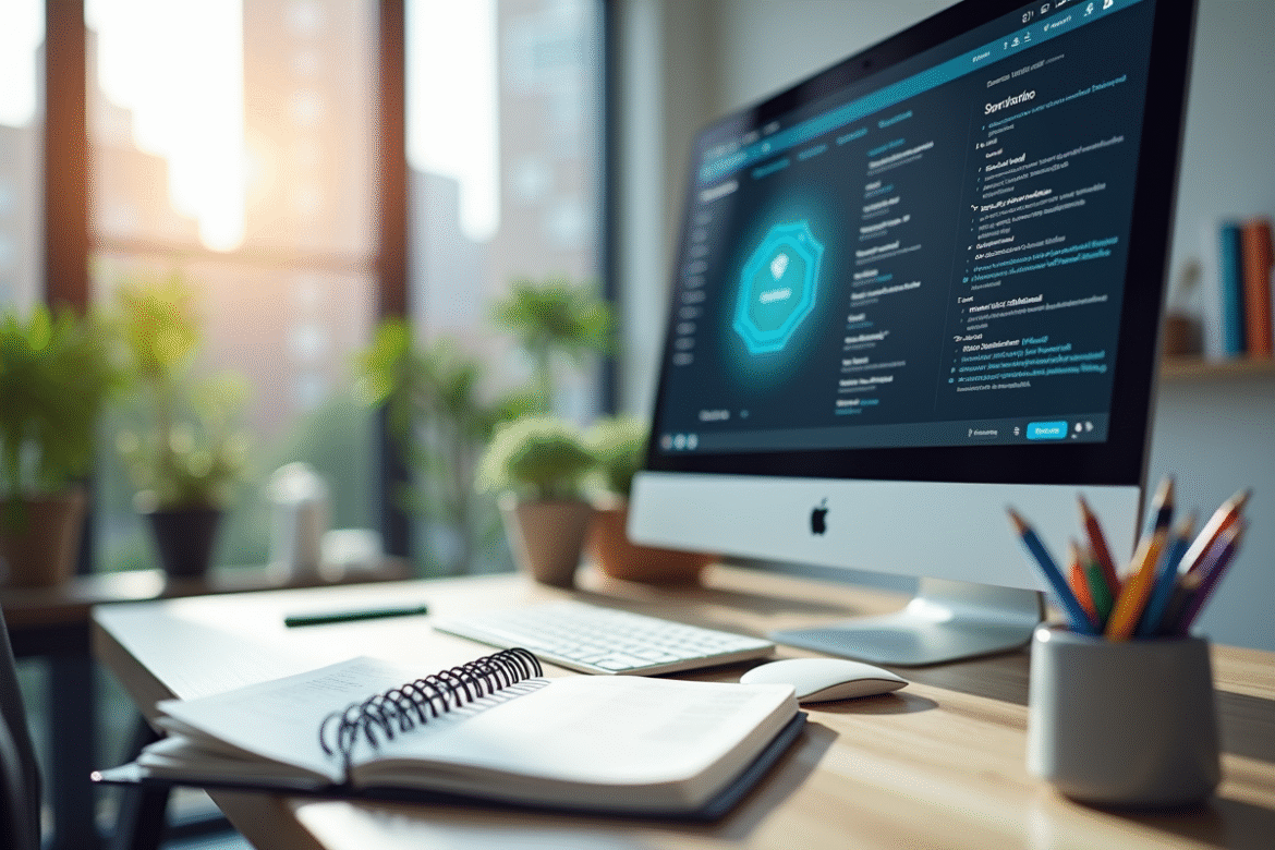 Espace de travail moderne avec ordinateur affichant l'intranet