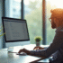 Professionnel au bureau moderne regardant un écran d'ordinateur