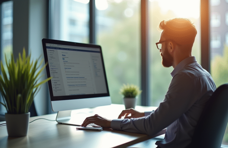 Professionnel au bureau moderne regardant un écran d'ordinateur