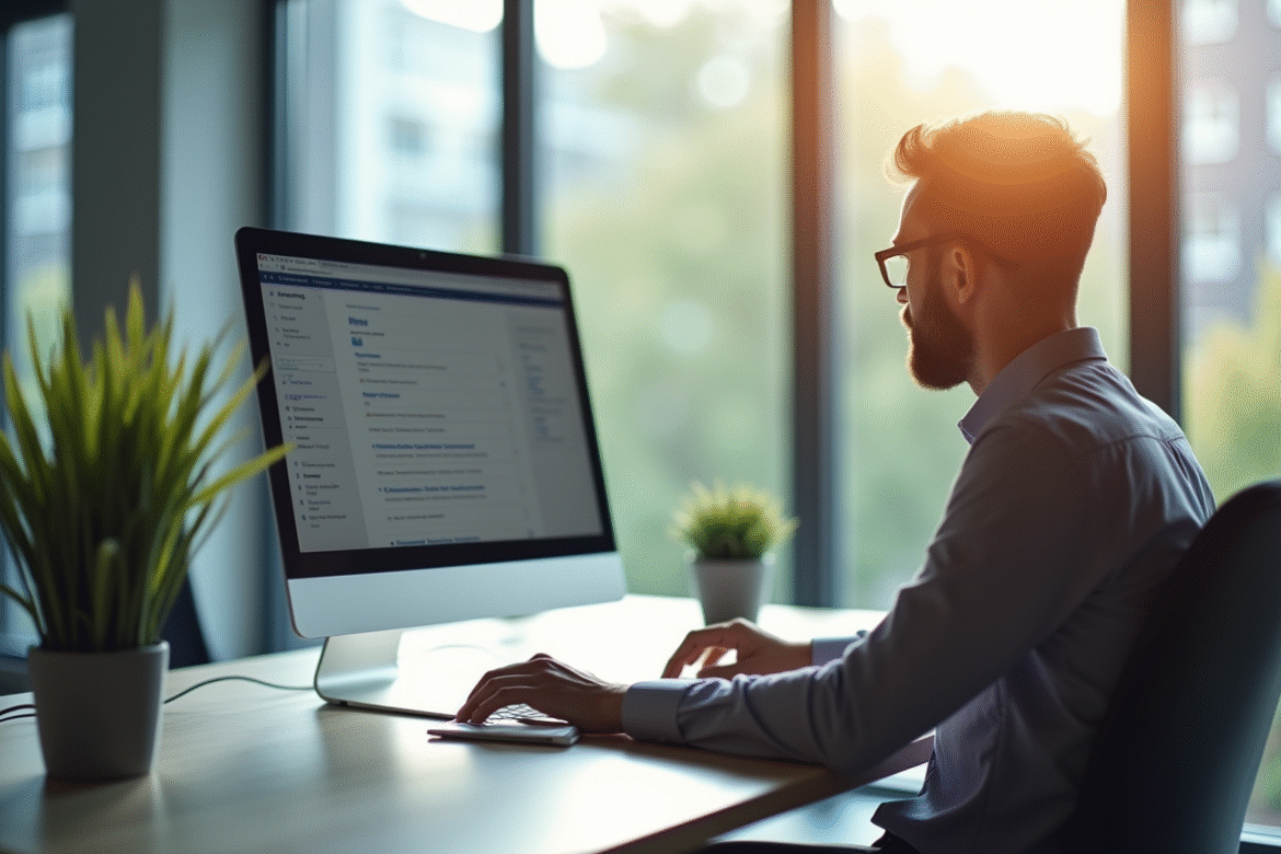 Professionnel au bureau moderne regardant un écran d'ordinateur