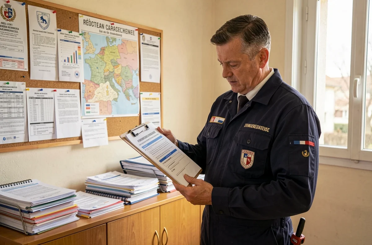 Serrurier consultant un document réglementaire dans un bureau administratif en Sarthe