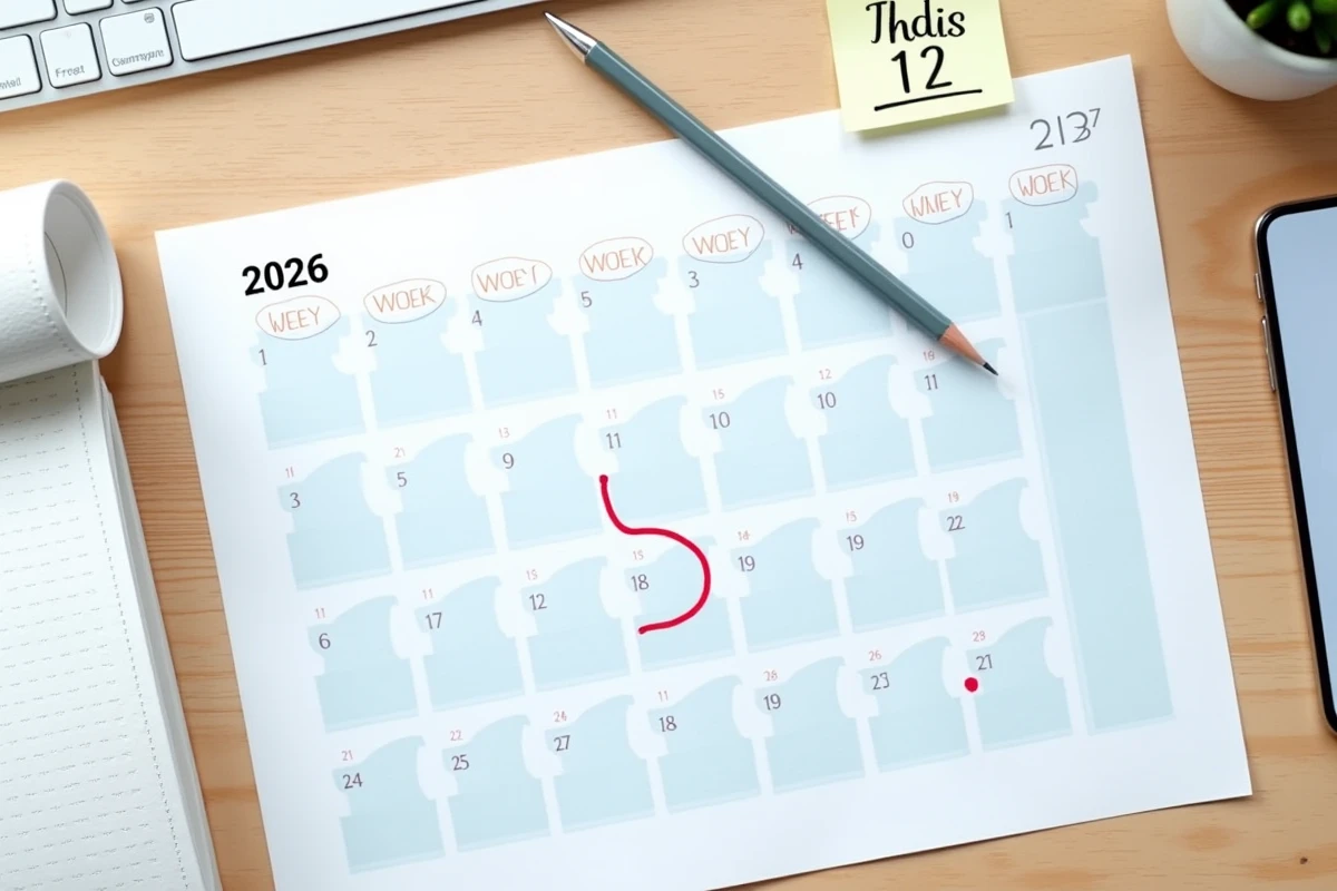 Vue aérienne d'un calendrier Excel imprimé pour 2026 avec numéros de semaines paires et impaires sur un bureau en bois clair