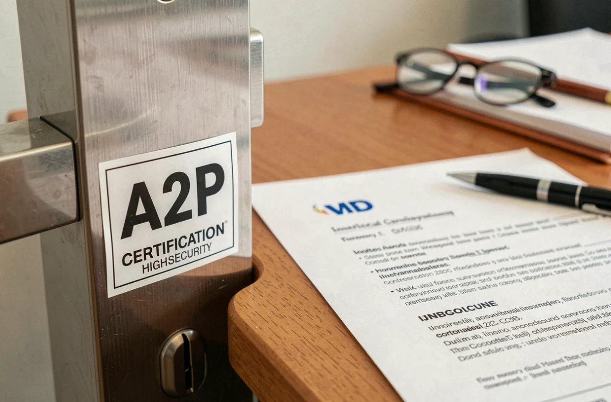 Label de certification A2P sur une serrure sécurisée posée à côté d'un contrat d'assurance