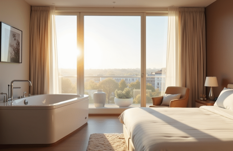 Chambre d hotel moderne avec jacuzzi lumineux à la fenêtre