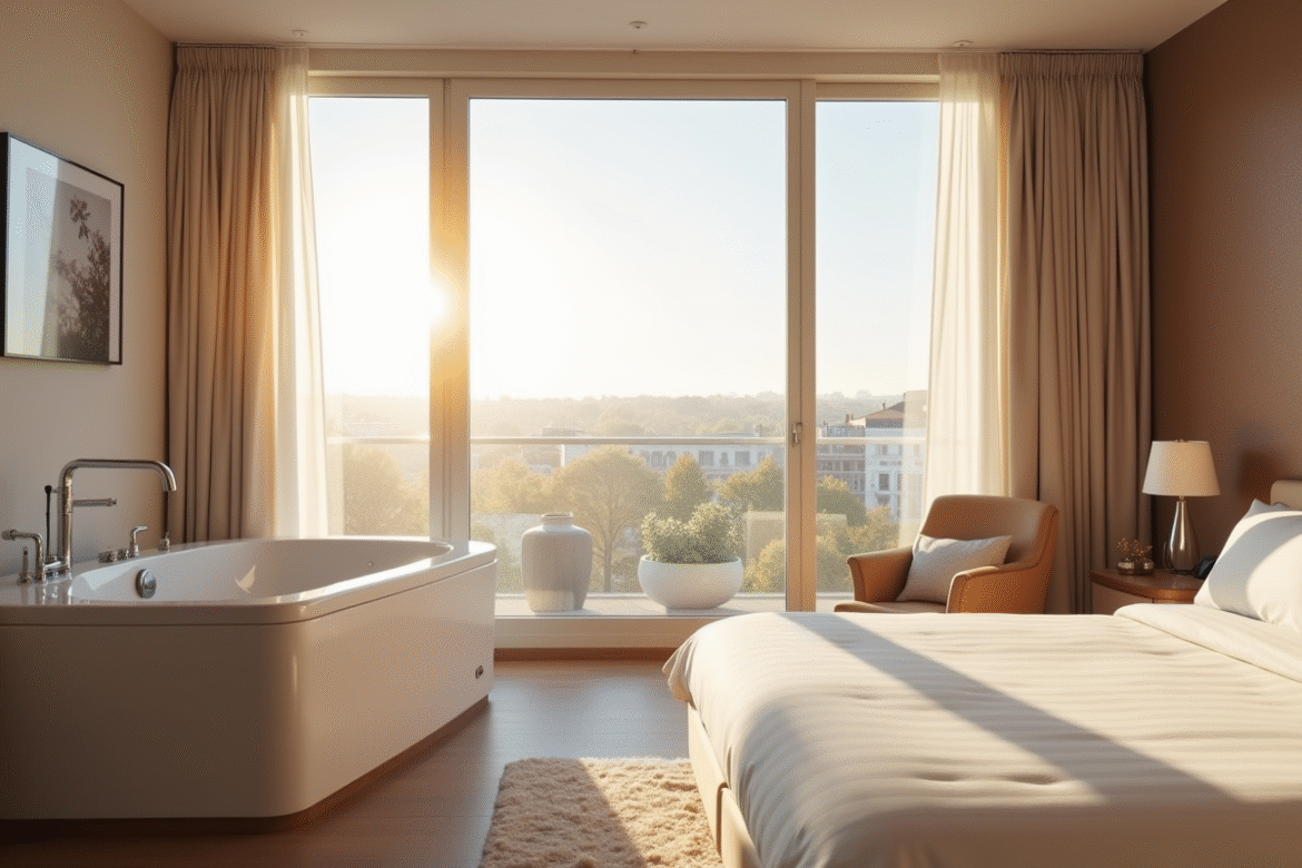 Chambre d hotel moderne avec jacuzzi lumineux à la fenêtre