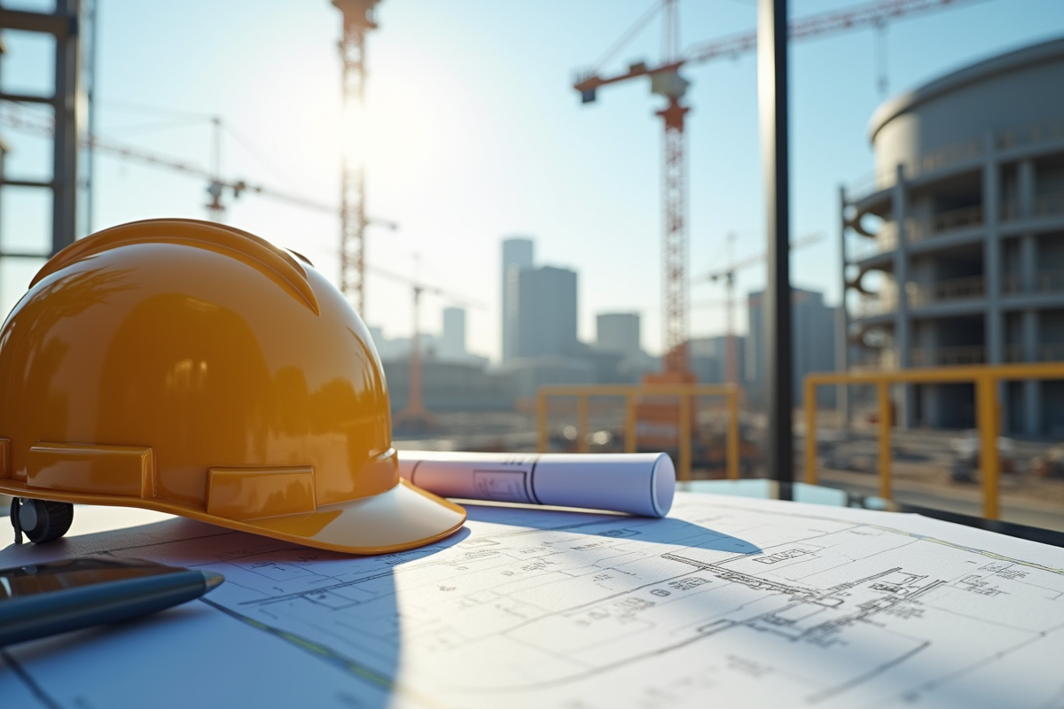 Chantier de construction avec plans et casque de sécurité