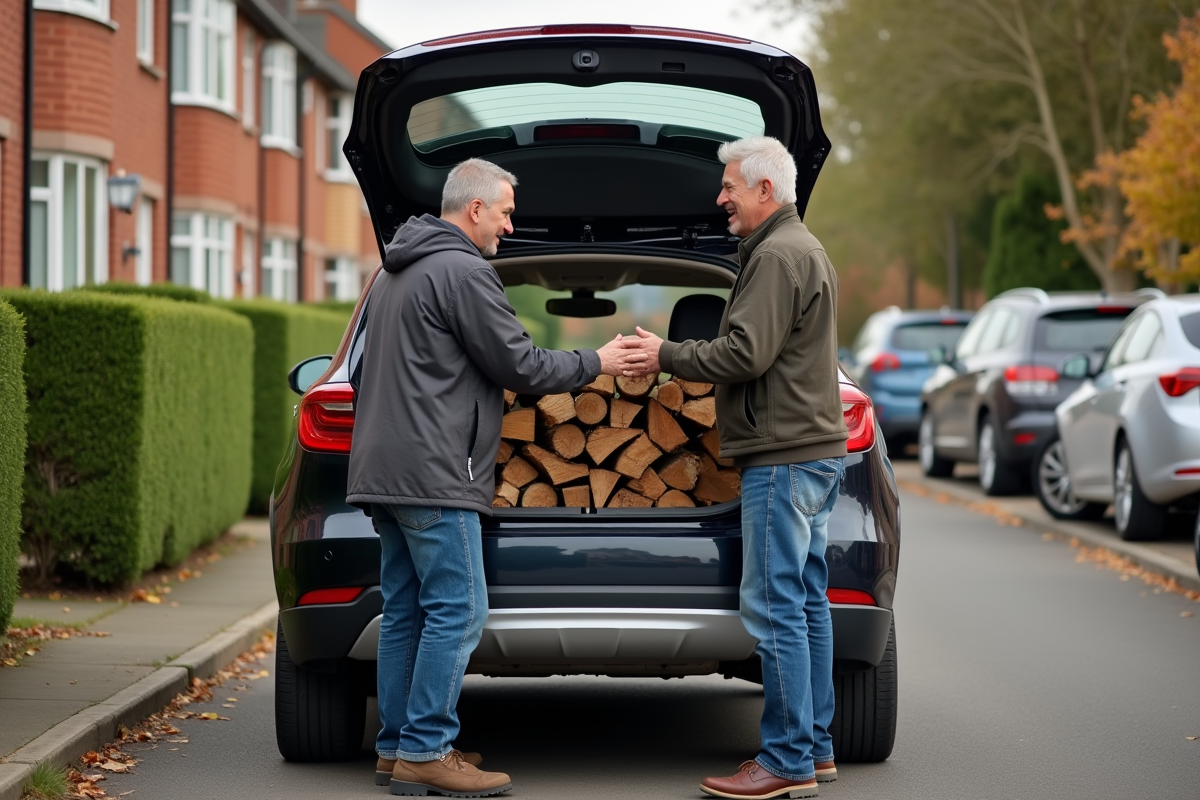 Jeune homme chargeant du bois dans la voiture d’un voisin