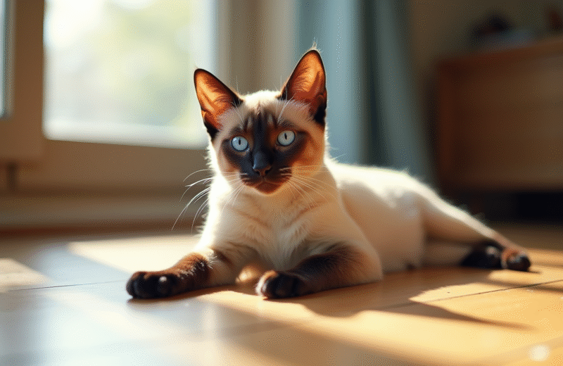 Chat siamois au soleil sur un sol en bois lumineux