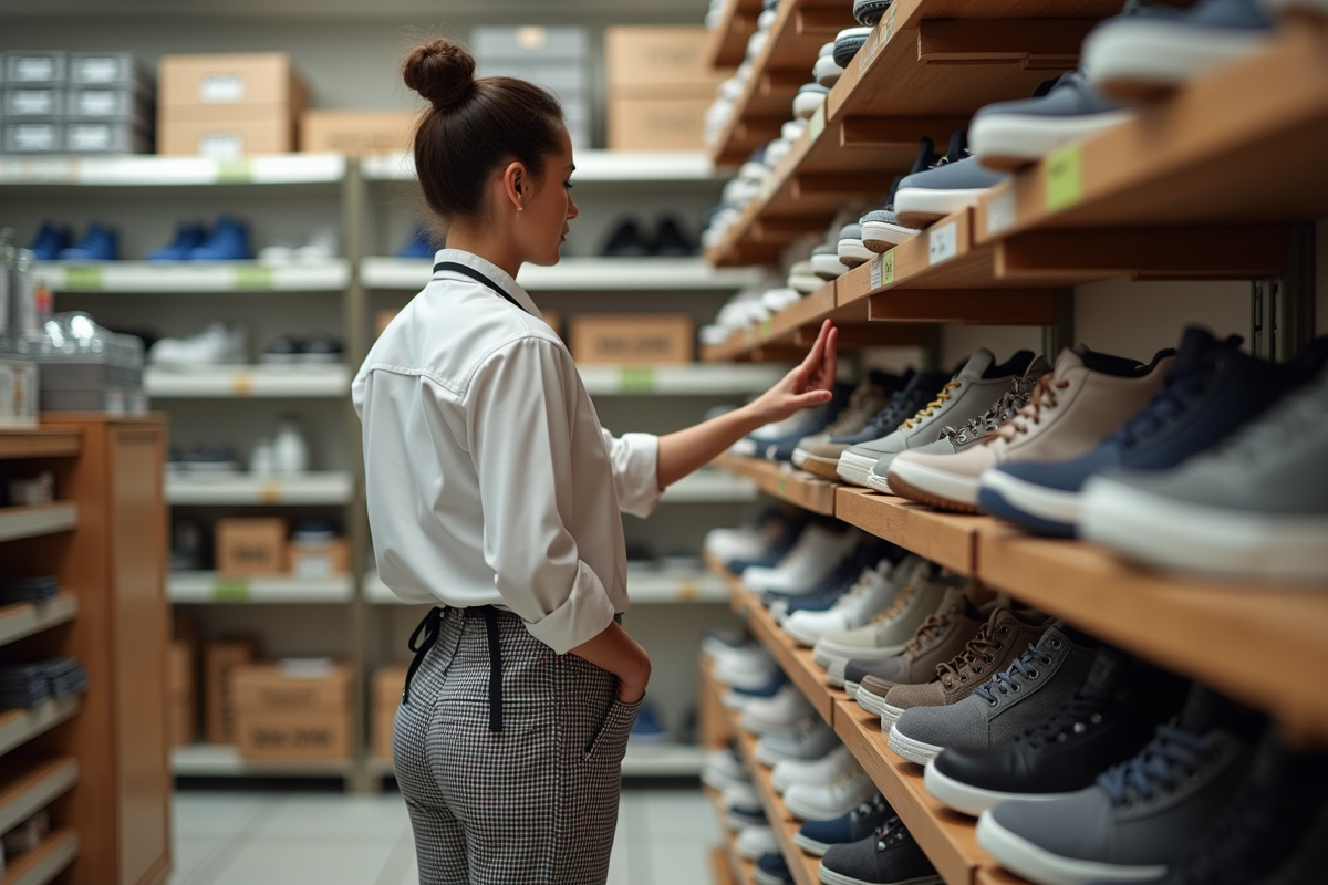 Jeune femme examinant des chaussures de sécurité en magasin