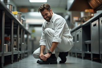 Chef en cuisine professionnelle ajustant ses chaussures noires